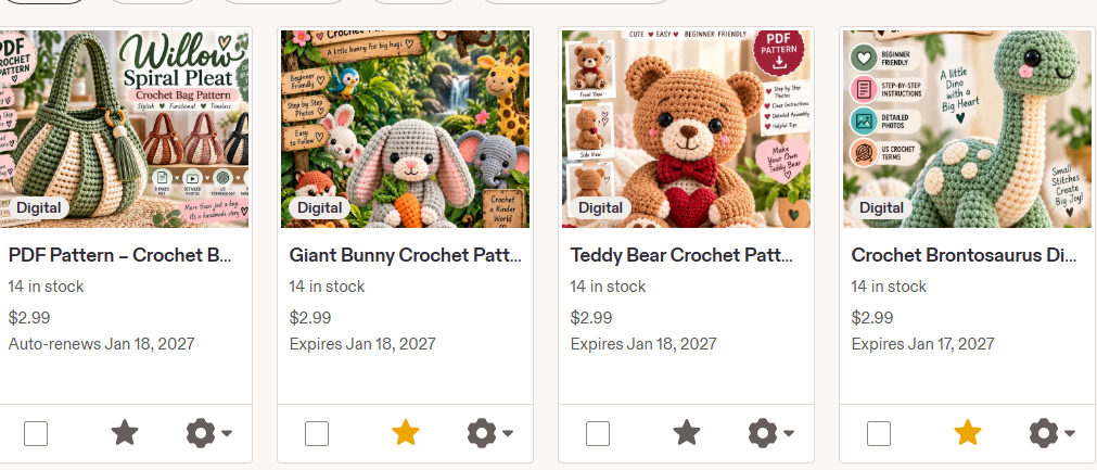 Additional crochet product listings in Etsy listing management
