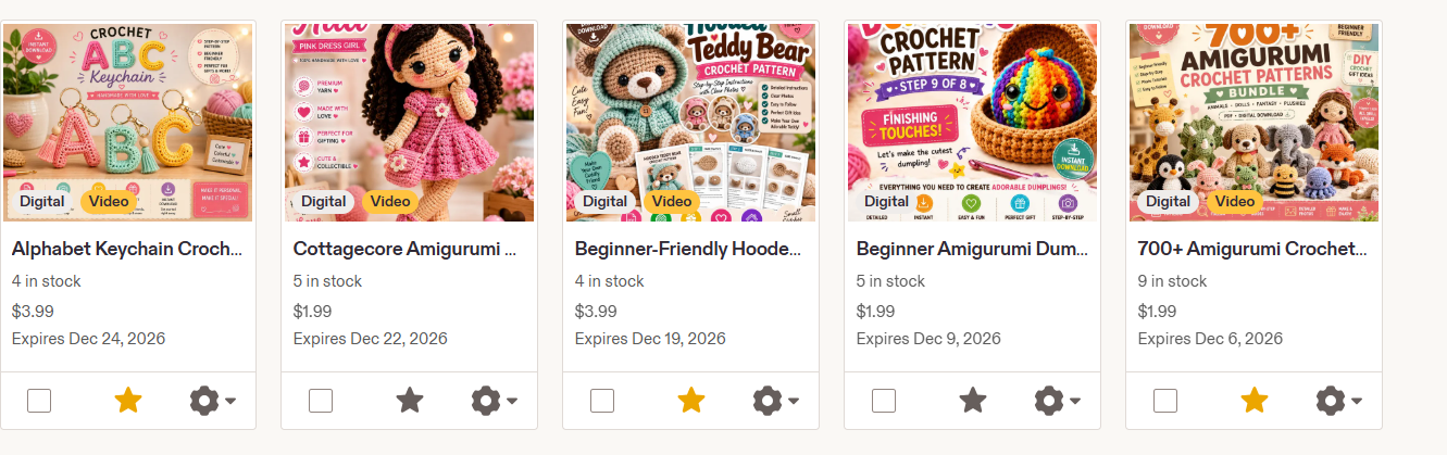 User-provided screenshot of crochet digital products in Etsy listing management